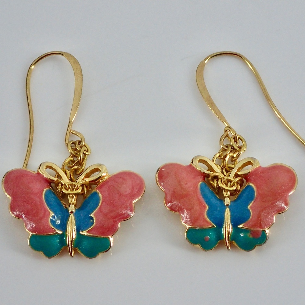 Butterfly Earrings Hook Drop Enamel Jewelry  Orange Coral Blue Green W/ Gold tri